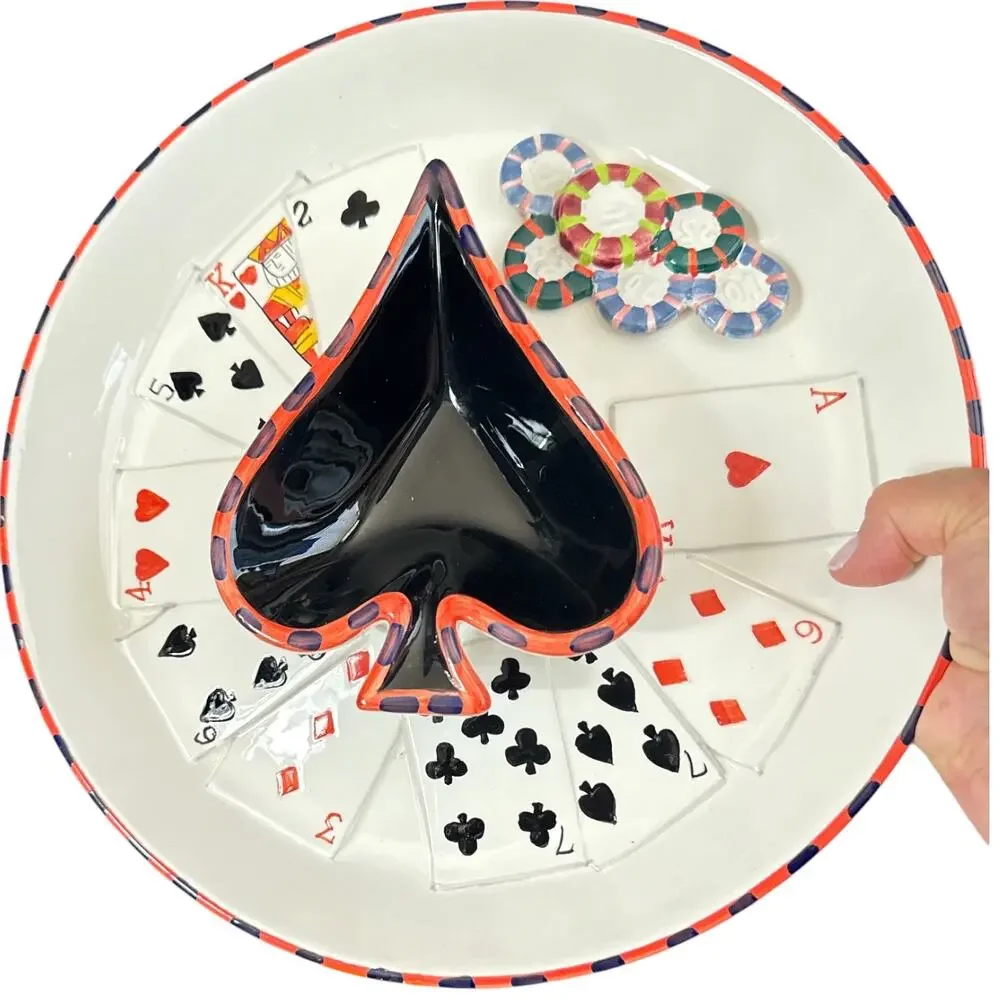 Poker Theme Chip and Dip Majolica Style Ceramic Cards  Tray